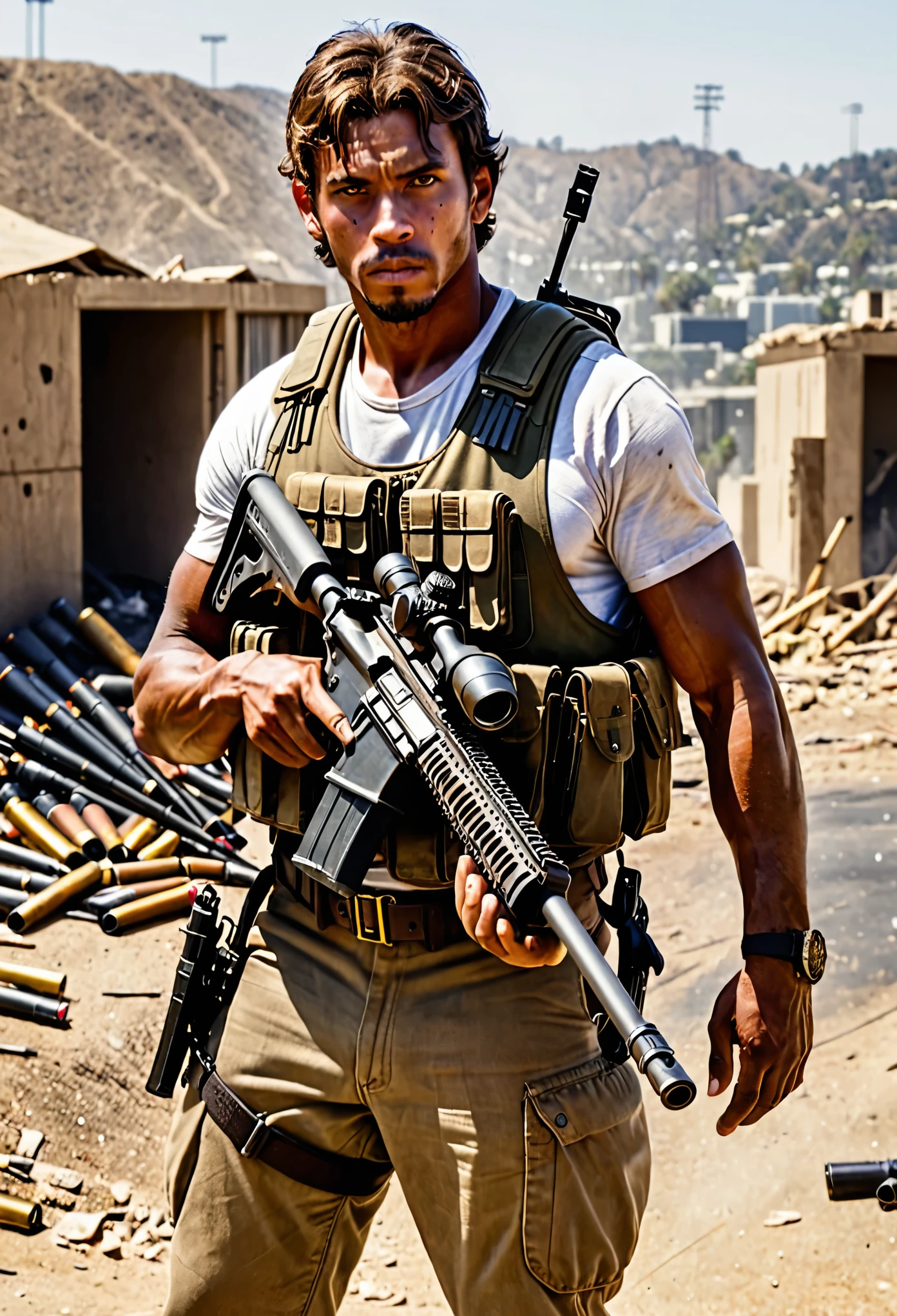 mercenary, male focus, holding an sniper rifle, african american, brown hair, hazel eyes, load-bearing vest, ammunition belt, danger atmosphere, los angeles, war zone