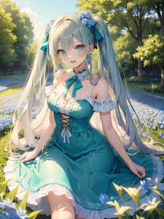 The arrival of spring、big butt、 (alone:1.5,)Super detailed,bright colors, very beautiful detailed anime face and eyes, look straight, ;d, shiny_skin,girl, ((White long hair,Inner color is red 、forehead is exposed.、green eyes、、shiny hair, delicate beautiful face, blush、(turquoise eyes), White skin, Valletta, earrings,、blue flower field、Lolita Bous、Lace long skirt、twin tails