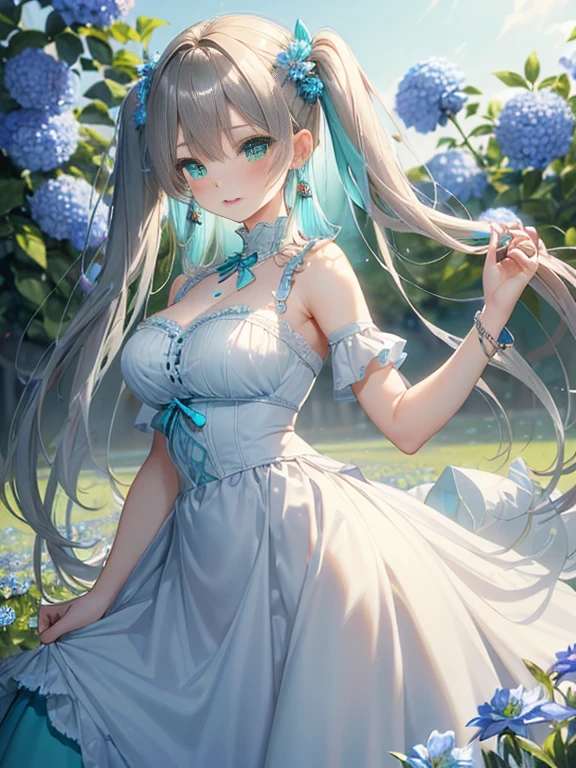 The arrival of spring、big butt、 (alone:1.5,)Super detailed,bright colors, very beautiful detailed anime face and eyes, look straight, ;d, shiny_skin,girl, ((White long hair,Inner color is red 、forehead is exposed.、green eyes、、shiny hair, delicate beautiful face, blush、(turquoise eyes), White skin, Valletta, earrings,、blue flower field、Lolita Bous、Lace long skirt、twin tails