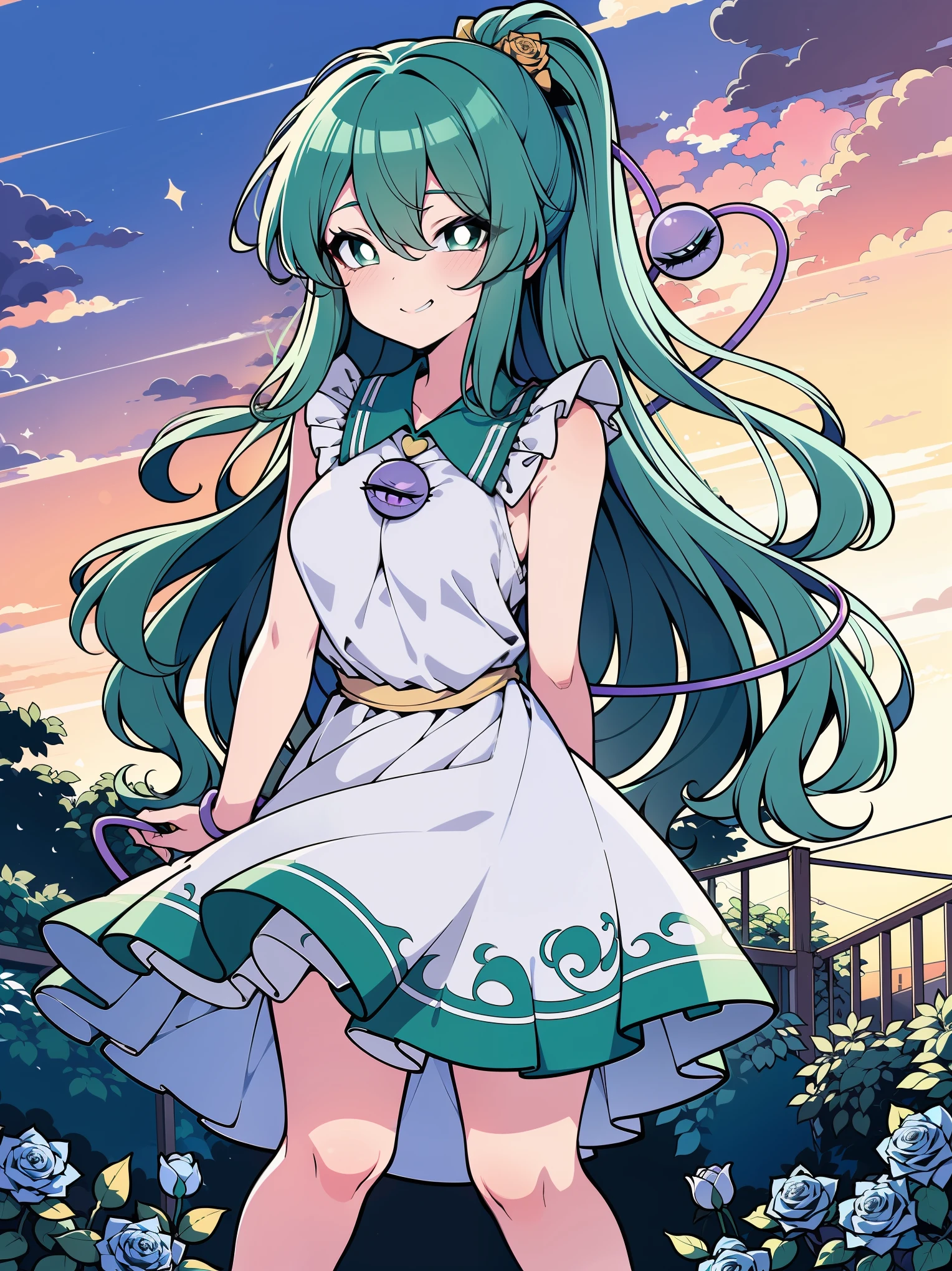 (colorful:1.1), glowing, (ultra-high resolution, depth of field:1.2), looking at viewer, (komeiji koishi:1.1), (1woman), adult, Touhou project, (medium breasts), (dark green eyes), white pupils, glowing eyes, green hair, wavy hair, (long hair), ponytail, (wearing a white summer dress:1.2). A closed blue-purplish "third eye" is positioned over her heart, with cords wrapped around her torso and attached to each of her ankles, (blue roses in the background), garden scenery, (sunset), grinning, (squinting eyes)