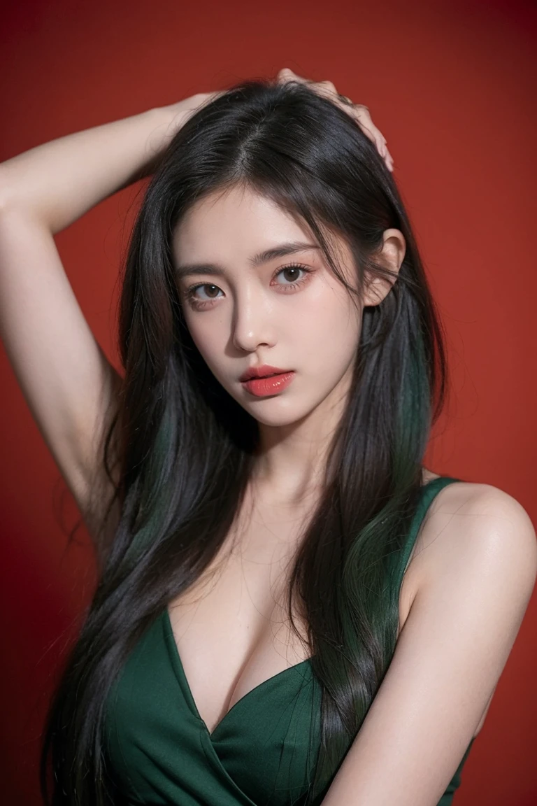 21yo girl, green hair, red background,