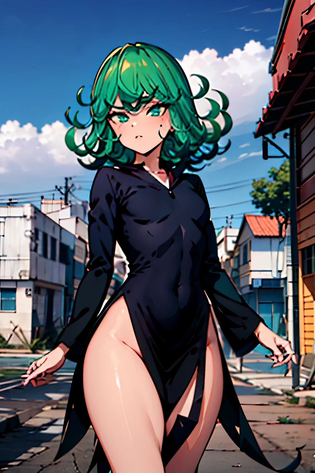 (obra maestra, Mejor calidad: 1.2), tiro de vaquero, Solo, 1 chica, (tatsumaki), enojado, boca cerrada, Mirando al espectador, Brazos cruzados, vestido negro, cielo azul, Nubes, cadera ancha, muslos gruesos, cuerpo definido, Cuerpo hermoso perfecto, Perfecto hermoso, Micro bragas blancas insertadas en la entrepierna.
