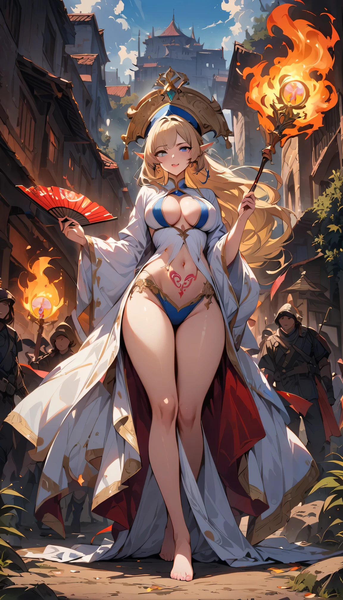 top quality, masterpiece, ultra high definition, Beautiful priestess, Hand waving red fan, fan on fire, Belly button tattoo,blue eyes, looking at the audience, lol,long blonde hair, lips, elf ears, White clothes are very transparent, breasts and can be seen,Feather cape,hair accessories,earrings, Slim, ponytail,barefoot,outdoor,Burning battlefield background