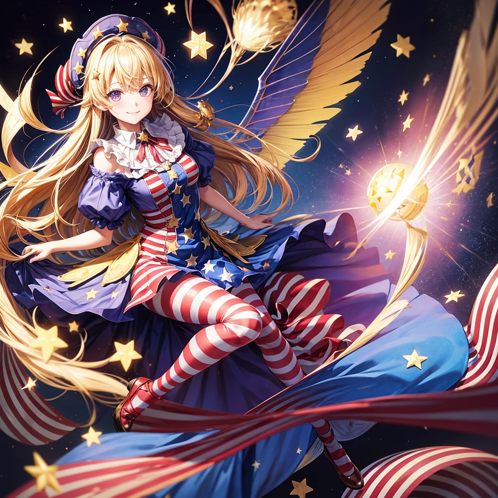 1girl,american flag,american flag dress,american flag legwear,blonde hair,dress,fairy,fairy wings,fire,frilled shirt collar,full body,hat,jester cap,long hair,looking at viewer,neck ruff,pantyhose,polka dot,polka dot headwear,print legwear,purple eyes,short dress,smile,solo,star(symbol),star print,striped,striped dress,striped legwear,torch,transparent background,very long hair,wings,clownpiece, background: room