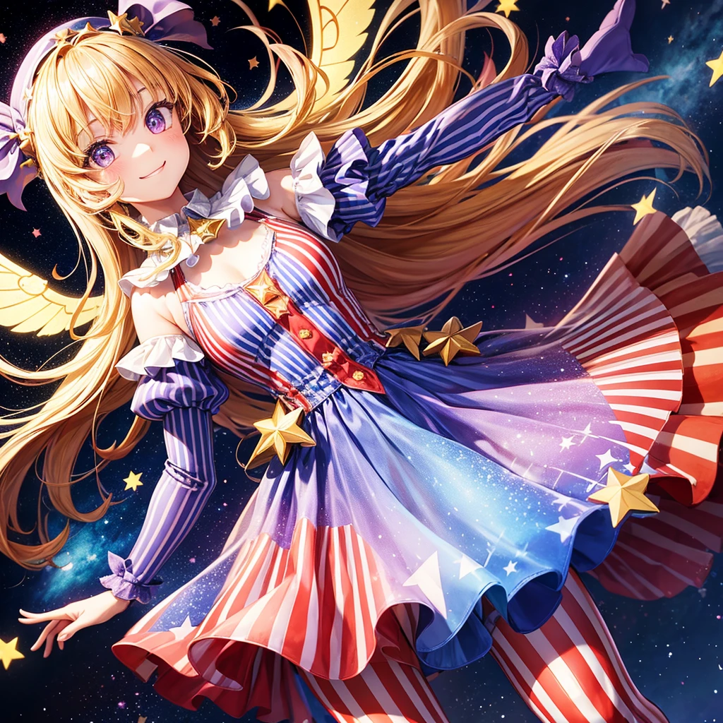1girl,american flag,american flag dress,american flag legwear,blonde hair,dress,fairy,fairy wings,fire,frilled shirt collar,full body,hat,jester cap,long hair,looking at viewer,neck ruff,pantyhose,polka dot,polka dot headwear,print legwear,purple eyes,short dress,smile,solo,star(symbol),star print,striped,striped dress,striped legwear,torch,transparent background,very long hair,wings,clownpiece, background: room