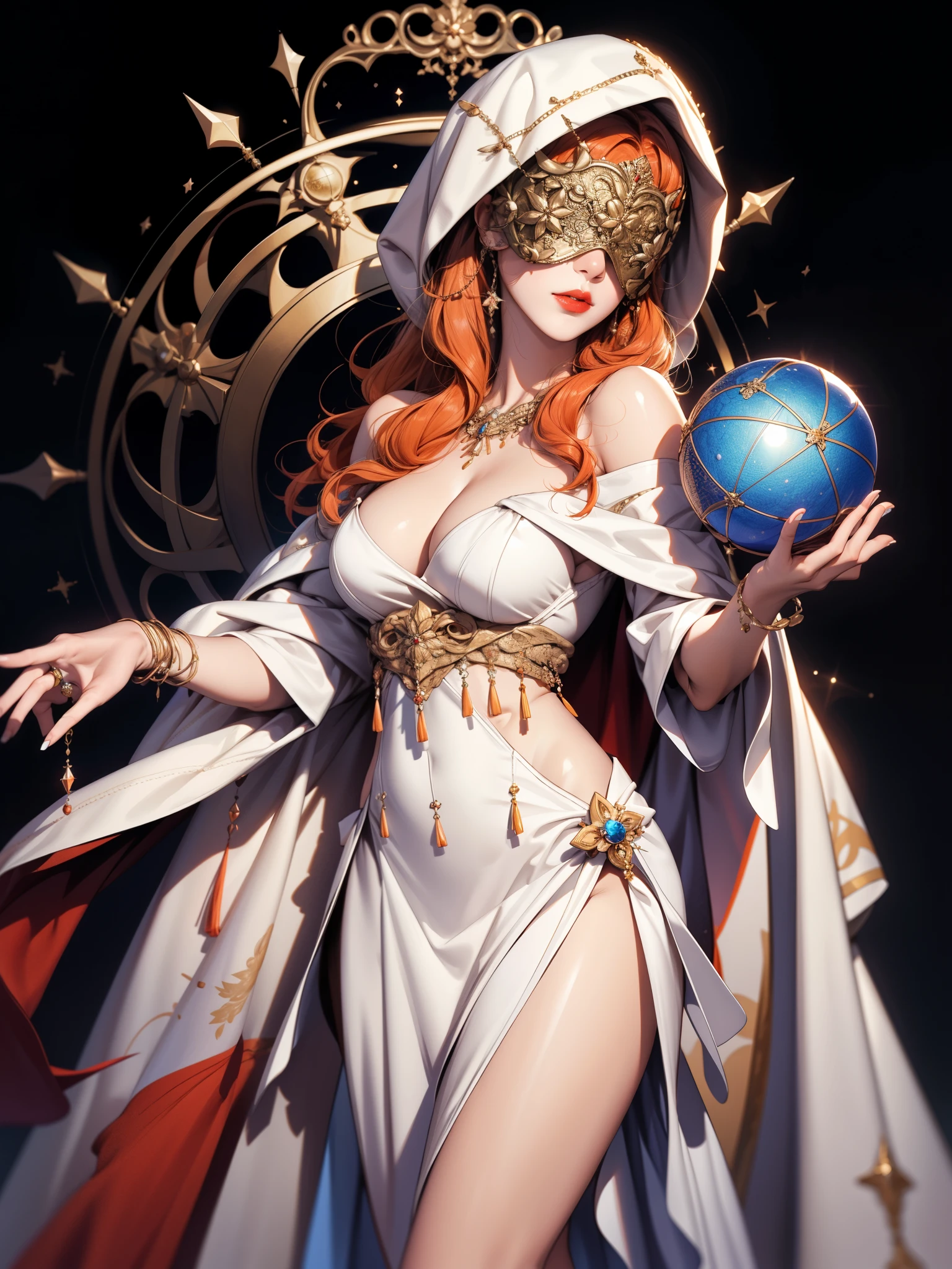 realistic:1.4, hood up, orange hair, long hair, covered eyes, hair over shoulder, robe, blind mask:1.2, danceroutfit, white clothes, crystal ball, sphere, cape, lipstick, cleavage, 1girl, solo, (masterpiece:1.6, best quality),