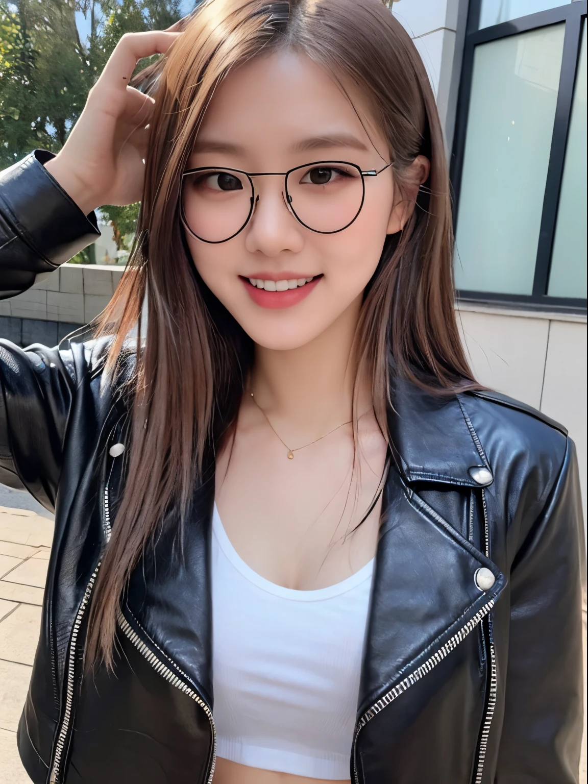 (​masterpiece:1.2), 8k,(ultra-realsitic:1.37), 17 year old Thai actress, (random sexy pose:1.3), (laughing slightly:1.2), black hair, face lights, Detailed face, (wear eyeglasses:1.4), (wearing a shining black faux leather jacket:1.5), sexy costume,