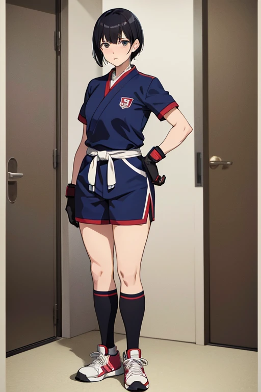 anime picture、full body portrait、Standing fighter、A woman around 175cm tall, around 34 years old, wearing a judo uniform, with short black hair and a crying face、Wearing elbow protectors, gloves, knee-high socks and sneakers