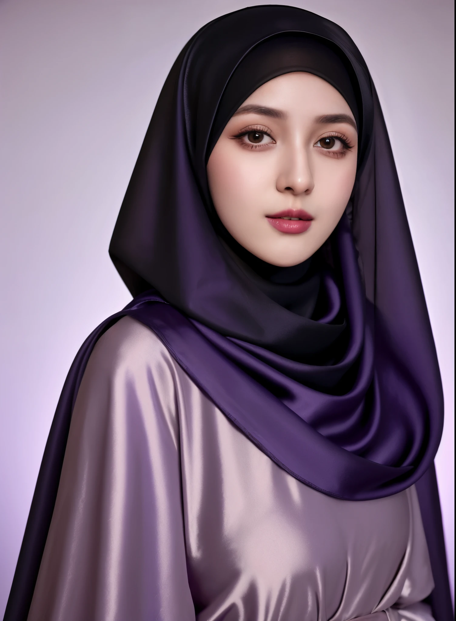 RAW photo of a 24 year old girl wearing hijab, satin abaya sexy purple, satin, hijab face portrait, neutral background, 8k uhd, dslr, soft lighting, high quality, film grain, Fujifilm XT3, covered dress, patterned dress, gigantic breasts:1.5