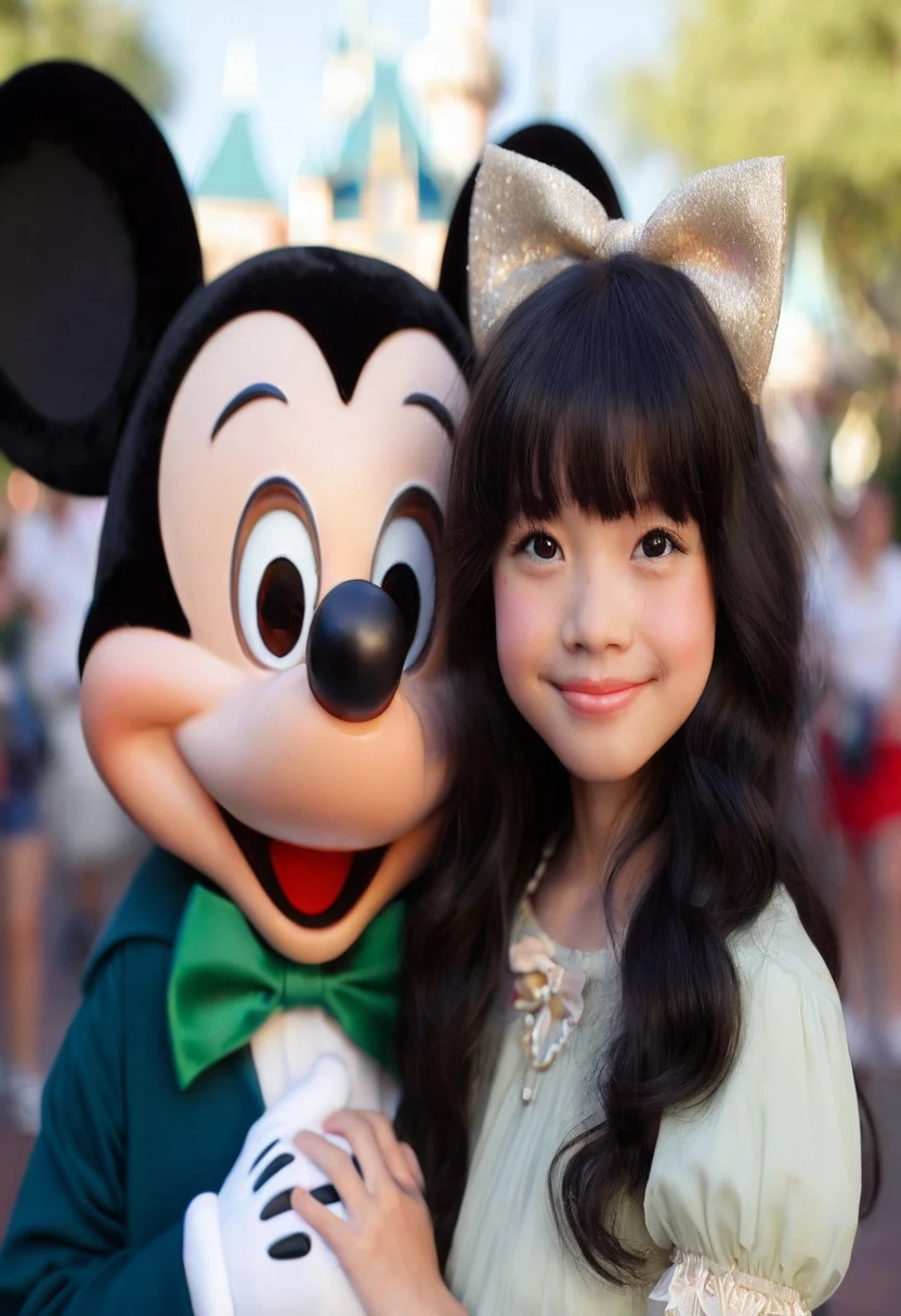 minnie mouse and mickey mouse pose for a photo at disneyland, disney 8 k photo, beautiful mouse - girl, disney!!, disneyland, disney land, by Tadashi Nakayama, big disney eyes, disney artist, disney and kyoto animation, mackenzie foy, mickey mouse, minnie mouse, disney character, mouse ears, mickey mouse ears, disneyland background, cute:2