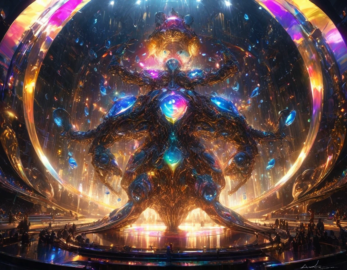 An ultra-realistic digital painting capturing The Amazing Digital Circus, featuring a central ferrofluid structure with glistening pearly dewdrops along its surface, exhibiting dynamic refraction and diffraction of light causing a myriad of colors, backlighting augmenting the fluid's sculpturesque form, dramatic lighting, ultra fine detail, octane rendering. rendered in Unreal Engine for a photorealistic effect. unforgettable impression, enhanced by volumetric lighting, auras, rays, with vivid color reflections