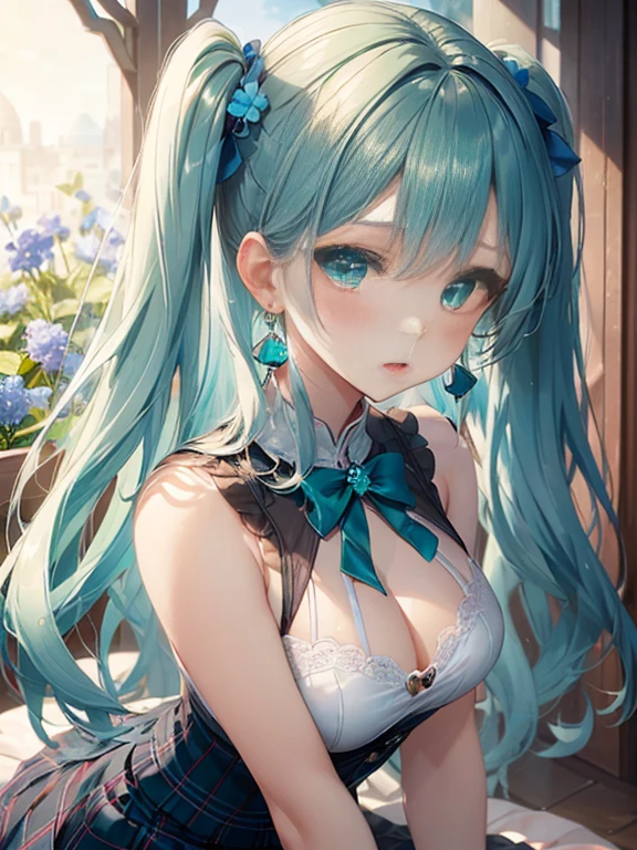 The arrival of spring、big butt、 (alone:1.5,)Super detailed,bright colors, very beautiful detailed anime face and eyes, look straight, ;d, shiny_skin,girl, ((White long hair,Inner color is red 、forehead is exposed.、green eyes、、shiny hair, delicate beautiful face, blush、(turquoise eyes), White skin, Valletta, earrings,、blue flower field、、checked skirt、twin tails