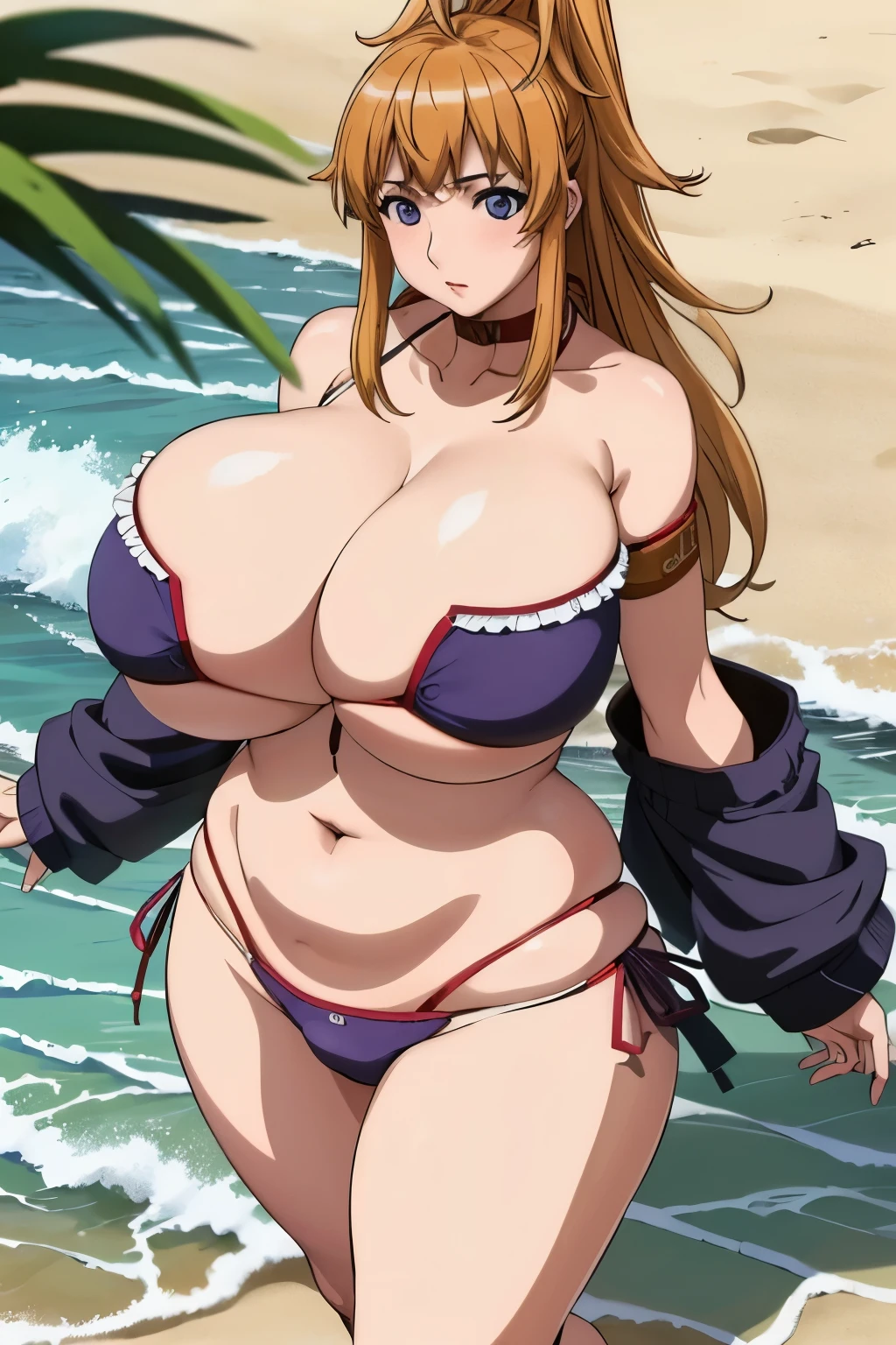 high quality、high resolution、masterpiece,tachibana mizuki,(gigantic breasts:1.5),(brack bikini:1.2),(beach:1.2)