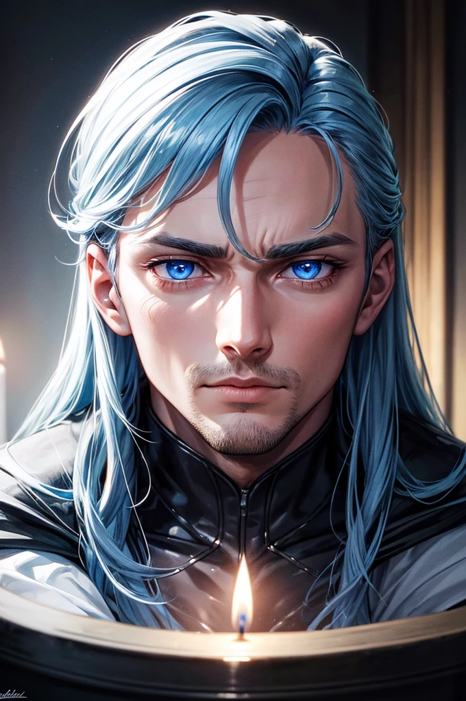A handsome man with intense blue eyes sits in a completely dark room. There is a lit candle 30 centimeters away from your face., Let his beautiful features shine. photorealistic style. 8K resolution. very detailed.