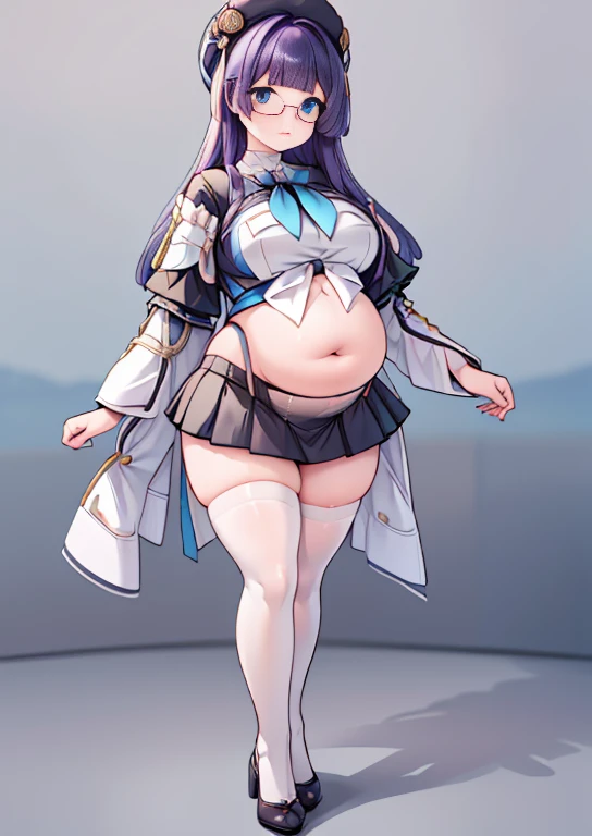 (masterpiece, best quality, highly detailed), 1girls, big belly, blurry background, huge belly, art by kipteitei, round belly, chubby, curvy, simple_background, gradient_background, belly grab, enormous belly, fat belly, thicc, bigger belly, really big belly, jiggly belly, shirt covering belly, belly cover by shirt, glasses, ((lolita)), casual clothes, skirt, thighhighs, ((full body)), long hair