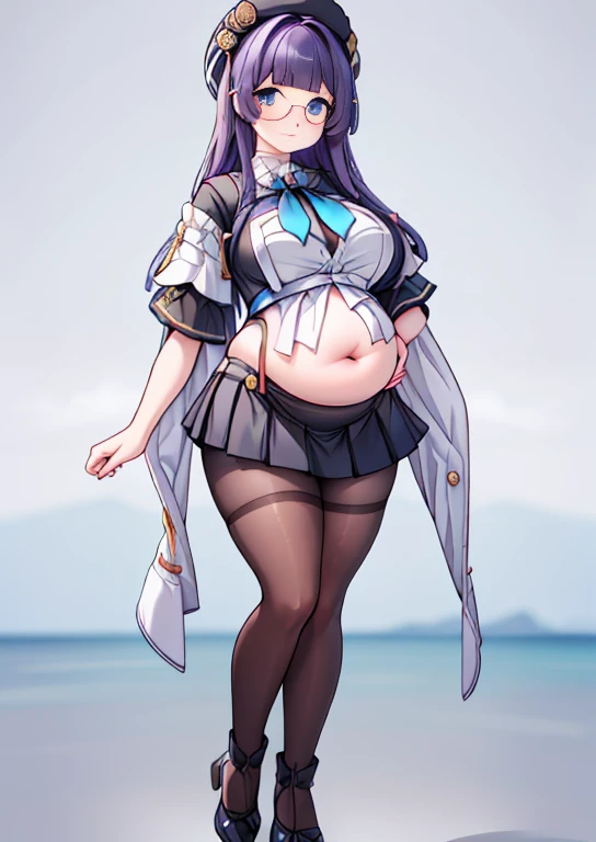 (masterpiece, best quality, highly detailed), 1girls, big belly, blurry background, huge belly, art by kipteitei, round belly, chubby, curvy, simple_background, gradient_background, belly grab, enormous belly, fat belly, thicc, bigger belly, really big belly, jiggly belly, shirt covering belly, belly cover by shirt, glasses, ((lolita)), casual clothes, skirt, thighhighs, ((full body)), long hair