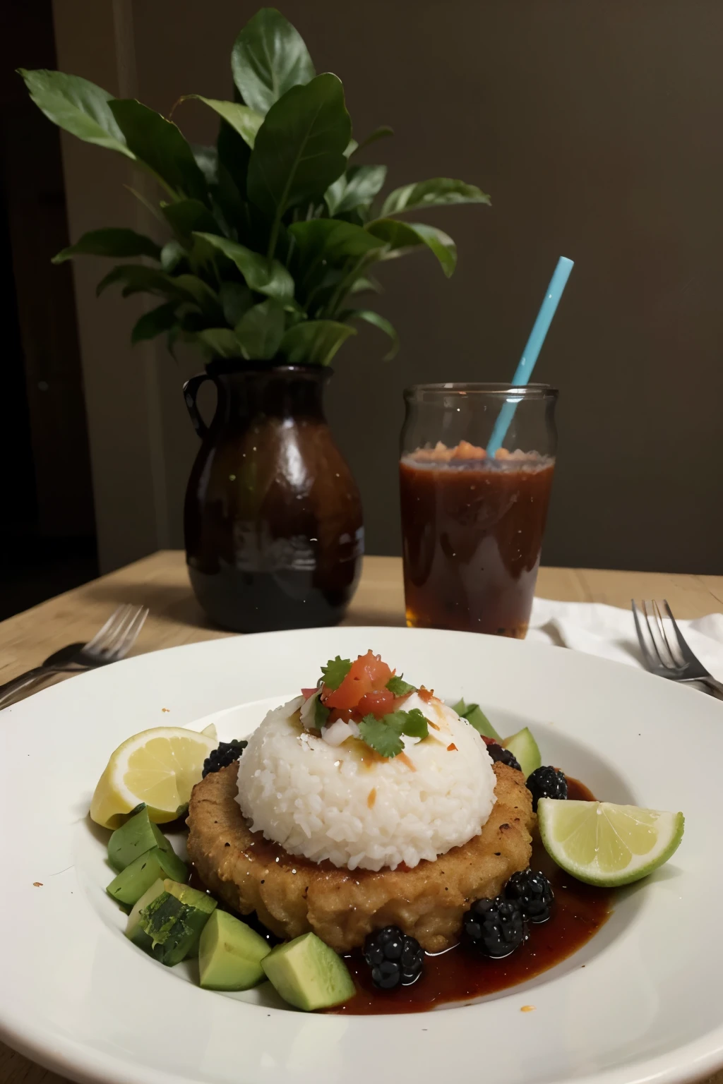. Grafique el montaje de la mesa con los elementos necesarios para realizar el servicio, taking into account that the menu of the day contains: Mojarra frita, ensalada pico de gallo, coconut rice and fried patacón, accompanied by blackberry juice and as a dessert enyucado with corozo sauce.