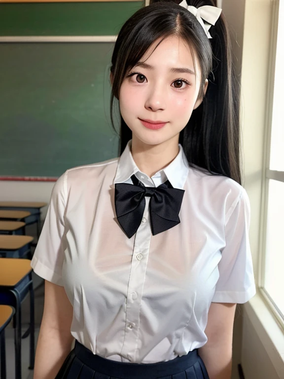 (kawaii 24 year-old Japanese girl, Nogizaka idol, Korean idol), (glossy black hair, ponytail:1.3), (extra rounded face, single eyelid, no makeup, soft smiling:1.2), (well shaped whitened teeth:0.8), (wearing Japanese school uniforms, collared shirt, school bow tie:1.3), (well shaped extra small breasts:1.2), (looking at viewer:1.2), BREAK, (classroom background, standing by the window:1.3), (dynamic angle, face focus:1.3), BREAK, (masterpiece, best quality, photo realistic, official art:1.4), (UHD, 8K quality wallpaper, high resolution, raw photo, film grain:1.2), (shiny skin), professional lighting, physically based rendering, award winning, (perfect anatomy, highly detailed skin, extremely detailed face and eyes, well drawn glittering pupils), Carl Zeiss 85 mm F/1.4, depth of field, 1girl, solo,
