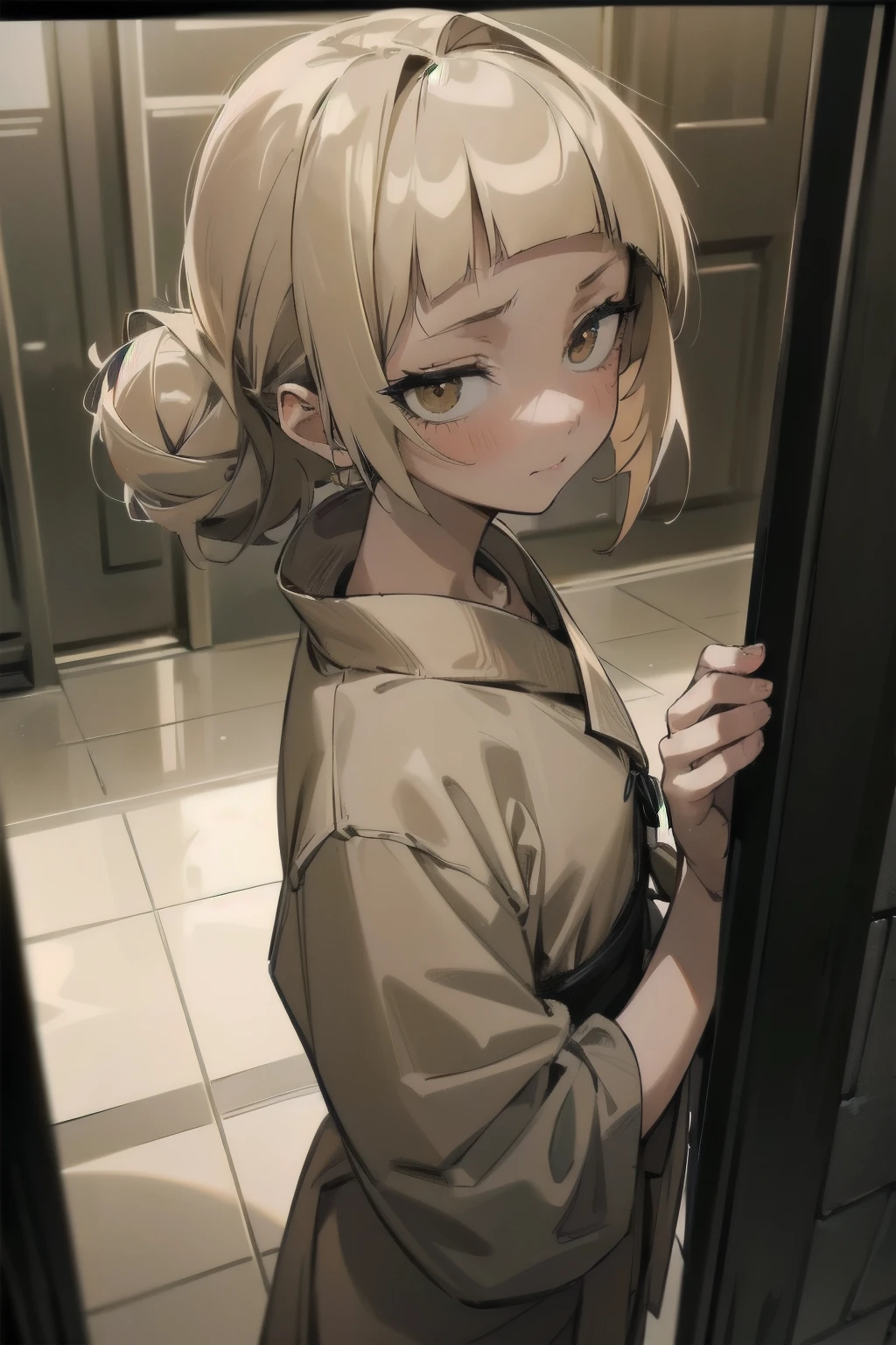 An enigmatic woman clads in a plush bathrobe, sits in an antiquated elevator with deep set eyes, engrossed in the eccentric, slate gray atmosphere that enshrouds the night. Her bun hair cascades down the nape of her neck, framing her face in soft waves. A playful gaze graces her features, her mouth slightly parted and open a bit, emanating an aura of intrigue. The hyperdetailed skin on her face, visible beneath the dim elevator lighting, displays an intricate texture and radiant hue. The elevator's dimly lit vintage interior is illuminated by the soft glow of a vintage VSCO filter,