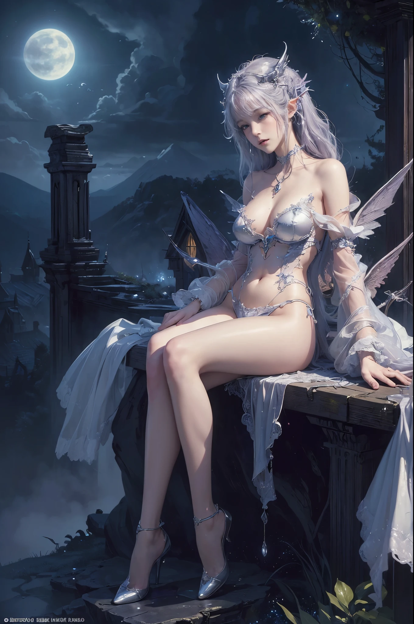 ((best quality)), ((masterpiece)), (detailed), alluring succubus, ethereal beauty, perched on a cloud, (fantasy illustration:1.3), enchanting gaze, captivating pose, delicate wings, otherworldly charm, mystical sky, (Luis Royo:1.2), (Yoshitaka Amano:1.1), moonlit ht, soft colors, (detailed cloudscape:1.3), (high-resolution:1.2)