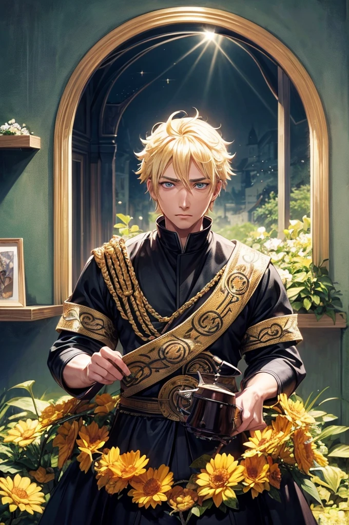 (disorganized, High resolution, super detailed), (cinematic), (UHD), alone, 1 man, mature, Happy, Upper body, blonde short hair, fantasy, spring, garden, closed mouth, (cinematic, highest quality, UHD), ((official art)), ((pop art))profile, simple hut, detailed face, (very fine eyes), naruto uzumaki, ((noble)), (((black prince costume))), emperor, Duke, (((((alone)))))