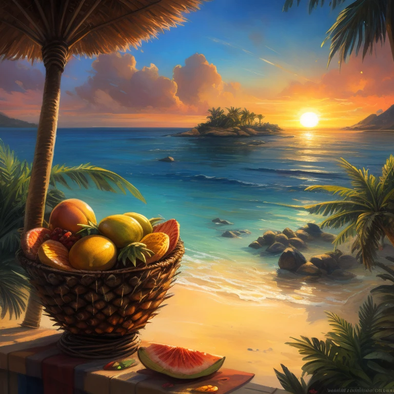 Ultra detailed, a stunning and captivating logotipo of a fruity delicious beach. The name "Fruity Delicious" is elegantly written in flowing, playful script, surrounded by luscious tropical fruits such as pineapples, mangoes, and coconuts. The beach in the background is depicted in vibrant colors, with golden sand, crystal clear water, and the sun setting behind the horizon, casting a warm glow over the scene. The details are exquisitely rendered, from the intricate textures of the fruits to the gentle waves in the water. The overall effect is a delightful and irresistible invitation to a tropical paradise. Kenket, Ross Tran