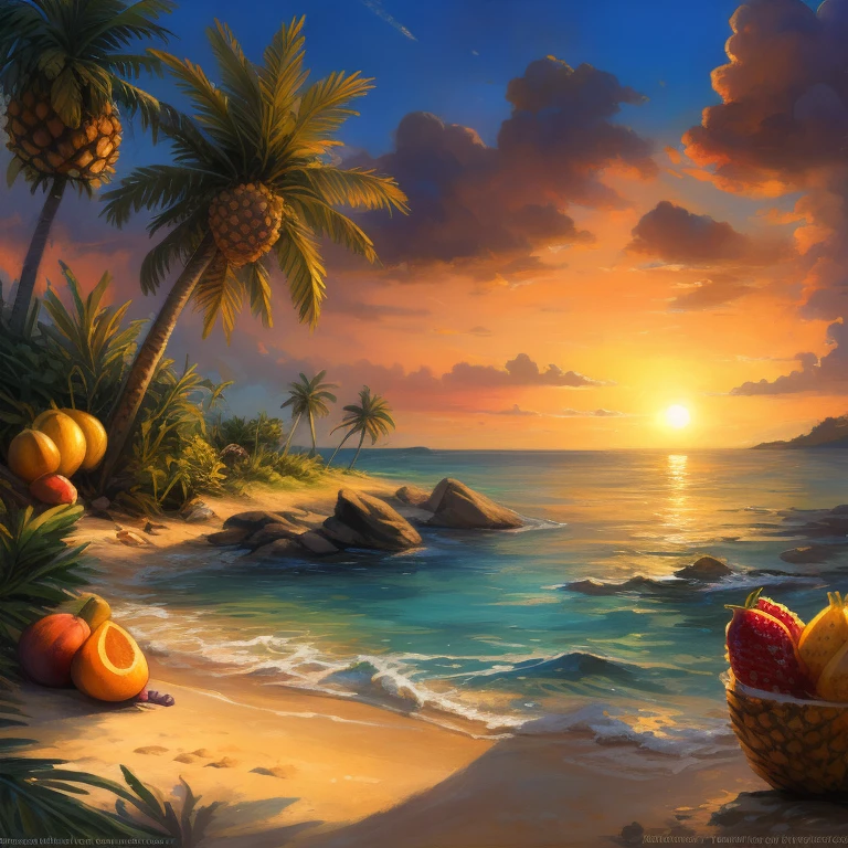 Ultra detailed, a stunning and captivating logotipo of a fruity delicious beach. The name "Fruity Delicious" is elegantly written in flowing, playful script, surrounded by luscious tropical fruits such as pineapples, mangoes, and coconuts. The beach in the background is depicted in vibrant colors, with golden sand, crystal clear water, and the sun setting behind the horizon, casting a warm glow over the scene. The details are exquisitely rendered, from the intricate textures of the fruits to the gentle waves in the water. The overall effect is a delightful and irresistible invitation to a tropical paradise. Kenket, Ross Tran