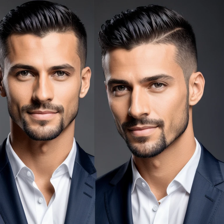 charlzcjm, headshot, (jacked charlzcjm, bright hazel green eyes), (curly low fade haircut:1.14), (sunburned skin, 5 o'clock shadow) ((smirking, buff)), detailed face, detailed iris, full lips, ((cute, wearing a modern luxury dark navy blue suit, pocket handkerchief, buff, wavy low fade haircut)), ((grey background, symmetrical facial features)), intricate details, studio lighting, 80mm, portrait, shallow depth of field, CEO, smirking, happy Turkish shirtless underwear 