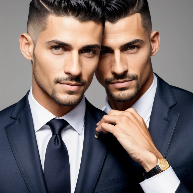 charlzcjm, headshot, (jacked charlzcjm, bright hazel green eyes), (curly low fade haircut:1.14), (sunburned skin, 5 o'clock shadow) ((smirking, buff)), detailed face, detailed iris, full lips, ((cute, wearing a modern luxury dark navy blue suit, pocket handkerchief, buff, wavy low fade haircut)), ((grey background, symmetrical facial features)), intricate details, studio lighting, 80mm, portrait, shallow depth of field, CEO, smirking, happy Turkish shirtless underwear