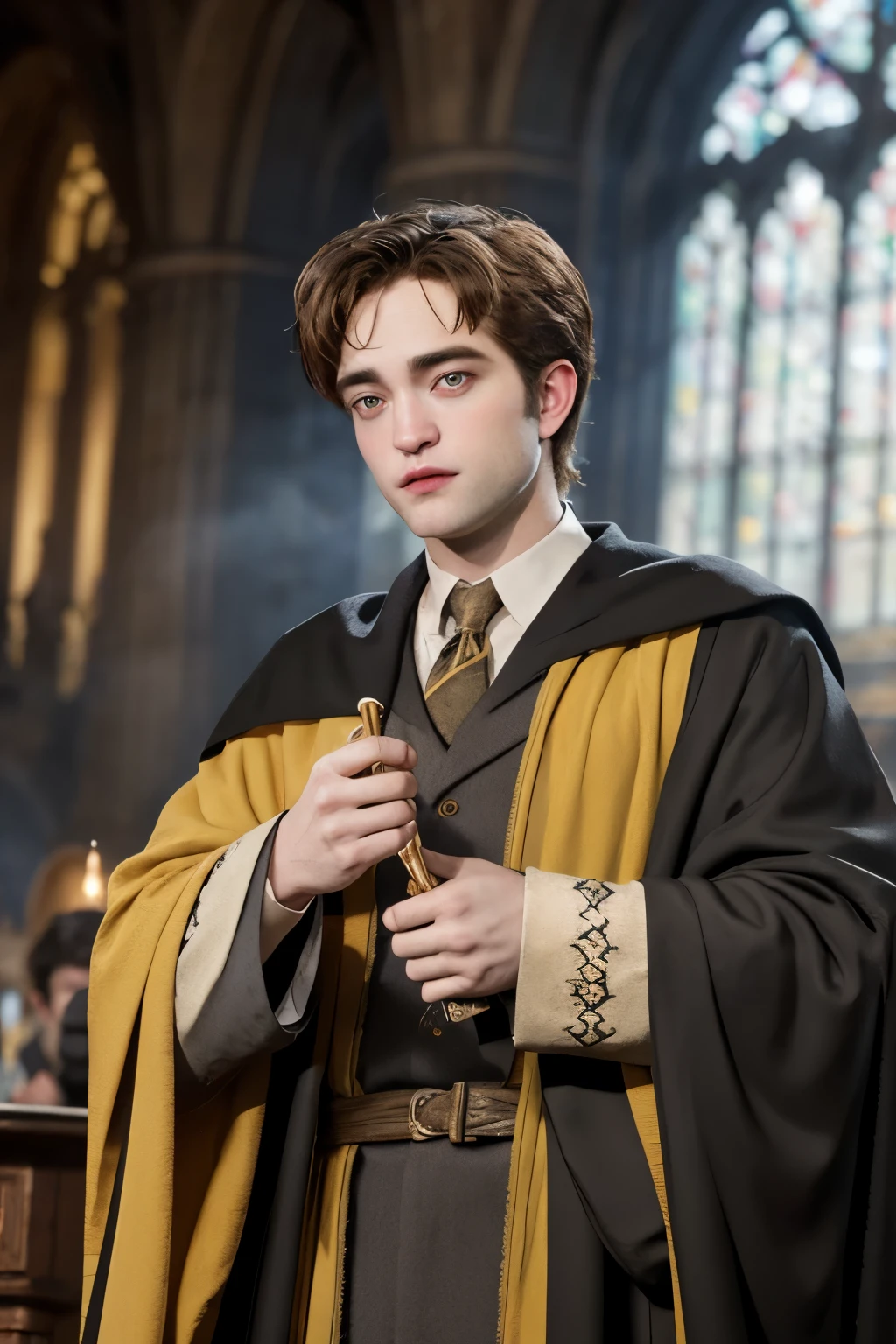 Robert Pattinson as Cedric Diggory, in Hufflepuff robe, background hogwarts, realistic style