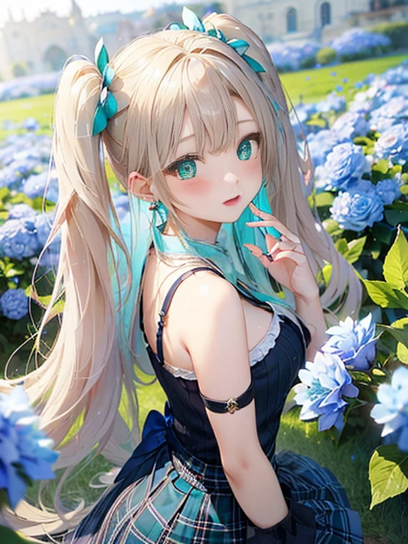 The arrival of spring、big butt、 (alone:1.5,)Super detailed,bright colors, very beautiful detailed anime face and eyes, look straight, ;d, shiny_skin,girl, ((White long hair,Inner color is red 、forehead is exposed.、green eyes、、shiny hair, delicate beautiful face, blush、(turquoise eyes), White skin, Valletta, earrings,、blue flower field、、checked skirt、twin tails