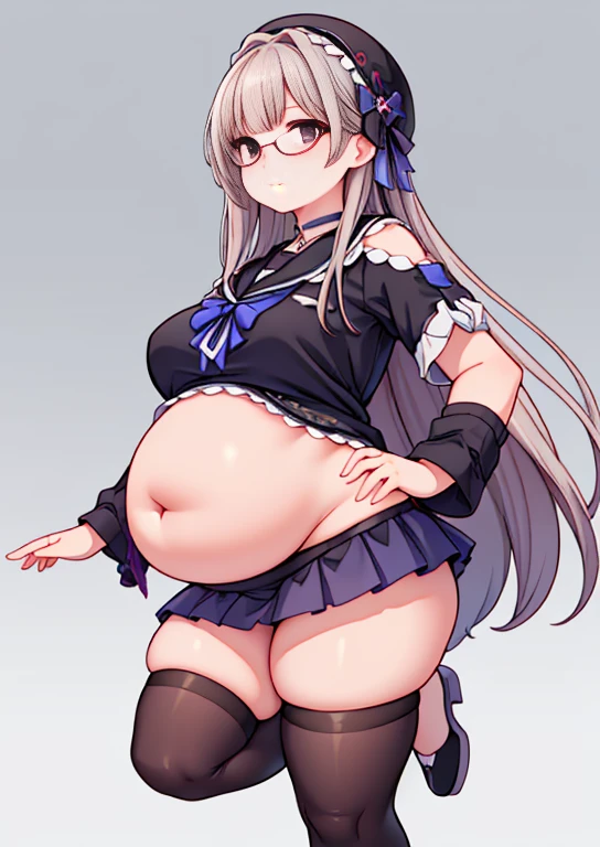 (masterpiece, best quality, highly detailed), 1girls, big belly, blurry background, huge belly, art by kipteitei, round belly, chubby, curvy, simple_background, gradient_background, belly grab, enormous belly, fat belly, thicc, bigger belly, really big belly, jiggly belly, shirt covering belly, belly cover by shirt, glasses, ((ta)), casual clothes, skirt, thighhighs, ((full body)), long hair