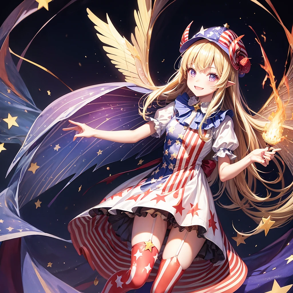 1girl,american flag,american flag dress,american flag legwear,blonde hair,dress,fairy,fairy wings,fire,frilled shirt collar,full body,hat,jester cap,long hair,looking at viewer,neck ruff,pantyhose,polka dot,polka dot headwear,print legwear,purple eyes,short dress,smile,solo,star(symbol),star print,striped,striped dress,striped legwear,torch,transparent background,very long hair,wings,clownpiece,