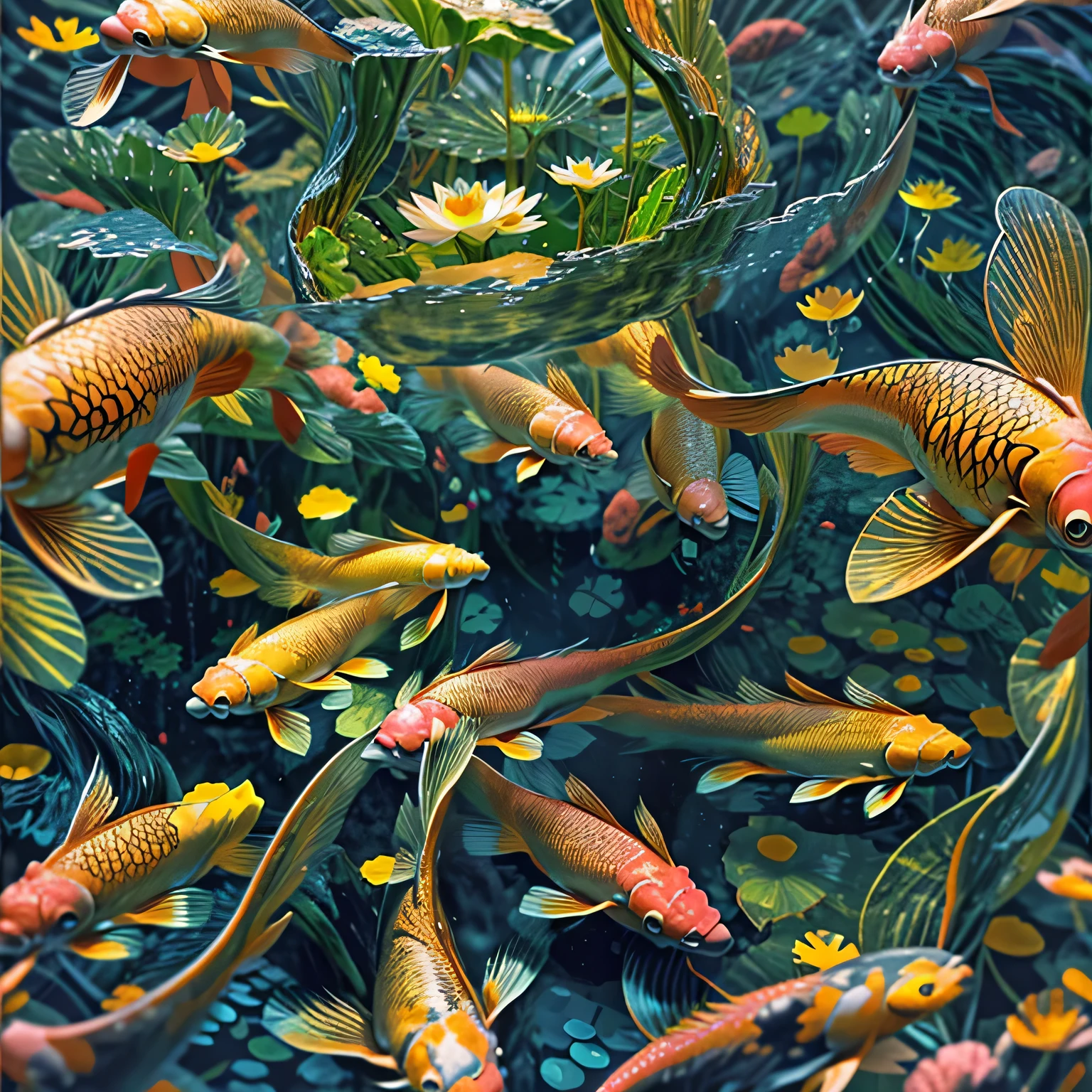 :A cascade of golden koi fish swimming in a sapphire blue pond, surrounded by lotus flowers, with light rays filtering through water, creating a 3D illusion and depth, ethereal and stunning visual. hyperrealist, fantasy art, photo realistic, dynamic lighting, volumetric lighting, very detailed, cinematic, sharp focus, 4k
