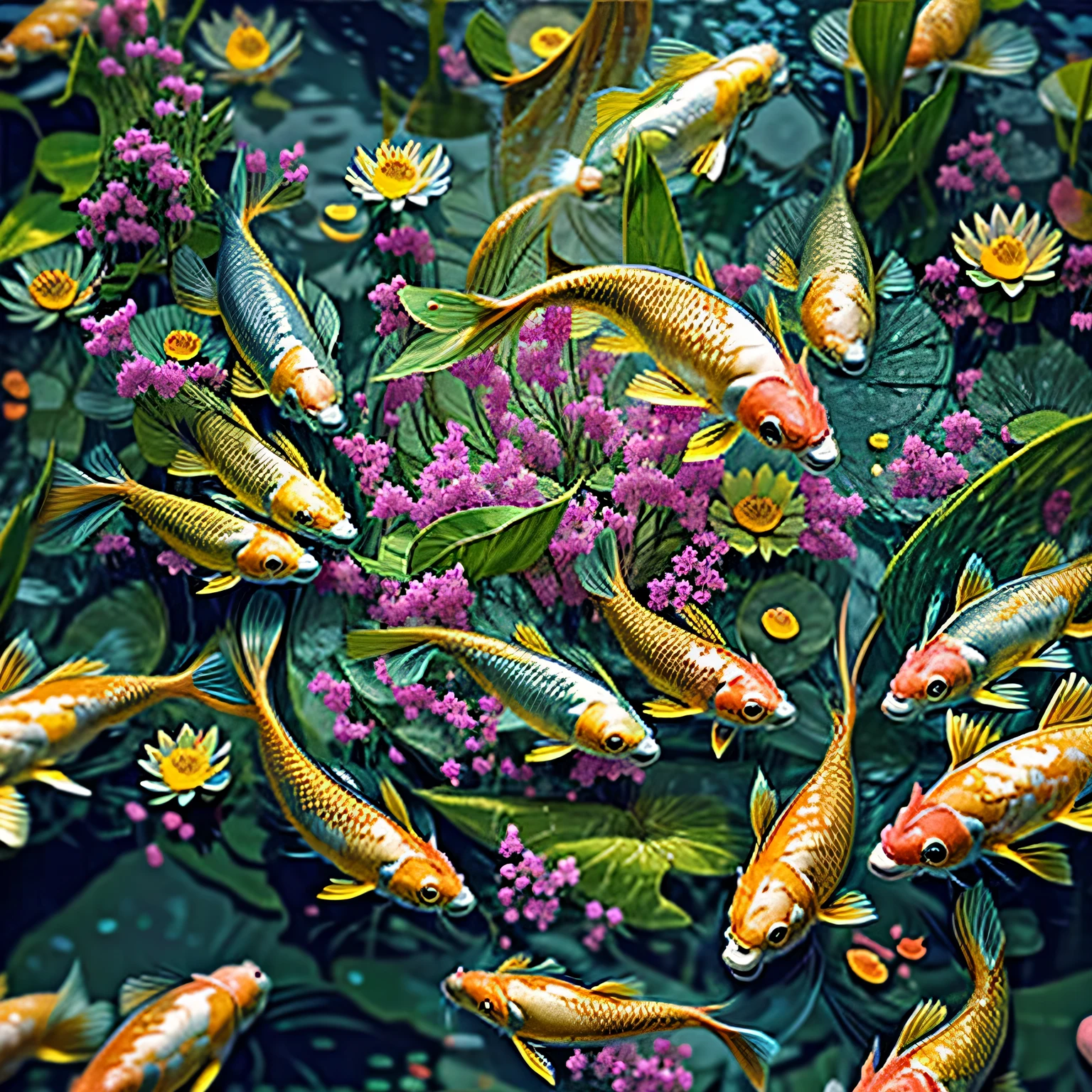 :A cascade of golden koi fish swimming in a sapphire blue pond, surrounded by lotus flowers, with light rays filtering through water, creating a 3D illusion and depth, ethereal and stunning visual. hyperrealist, fantasy art, photo realistic, dynamic lighting, volumetric lighting, very detailed, cinematic, sharp focus, 4k