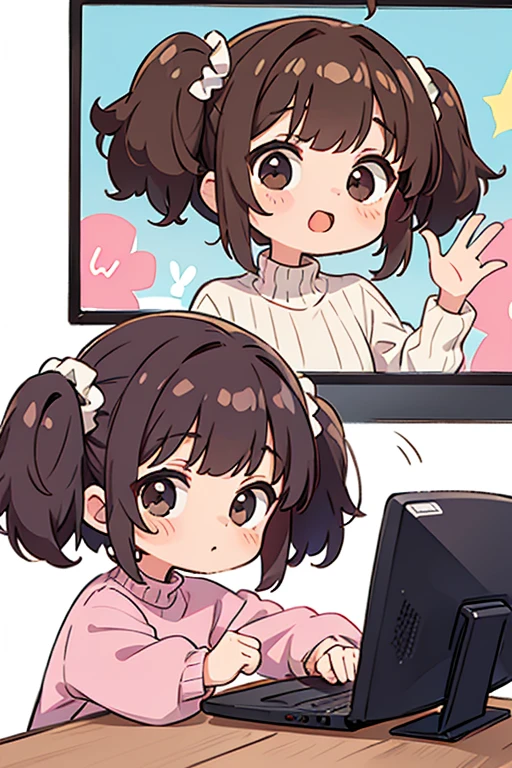 shoulder sweater, Curly Short Hair, hair scrunchie, twin tails, cute pose、Little、2head and body、Hitting the computer、TV commercial style pose