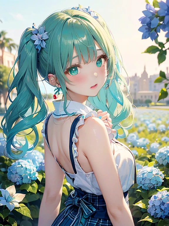 sandy beach、Asahi、big butt、 (alone:1.5,)Super detailed,bright colors, very beautiful detailed anime face and eyes, look straight, ;d, shiny_skin,girl, ((White long hair,Inner color is red 、forehead is exposed.、green eyes、、shiny hair, delicate beautiful face, blush、(turquoise eyes), White skin, Valletta, earrings,、blue flower field、、checked skirt、twin tails