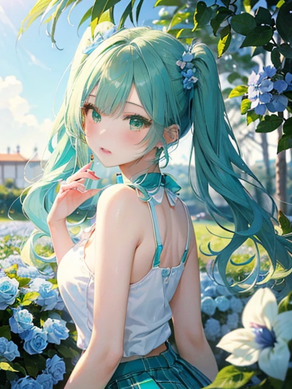 sandy beach、Asahi、big butt、 (alone:1.5,)Super detailed,bright colors, very beautiful detailed anime face and eyes, look straight, ;d, shiny_skin,girl, ((White long hair,Inner color is red 、forehead is exposed.、green eyes、、shiny hair, delicate beautiful face, blush、(turquoise eyes), White skin, Valletta, earrings,、blue flower field、、checked skirt、twin tails