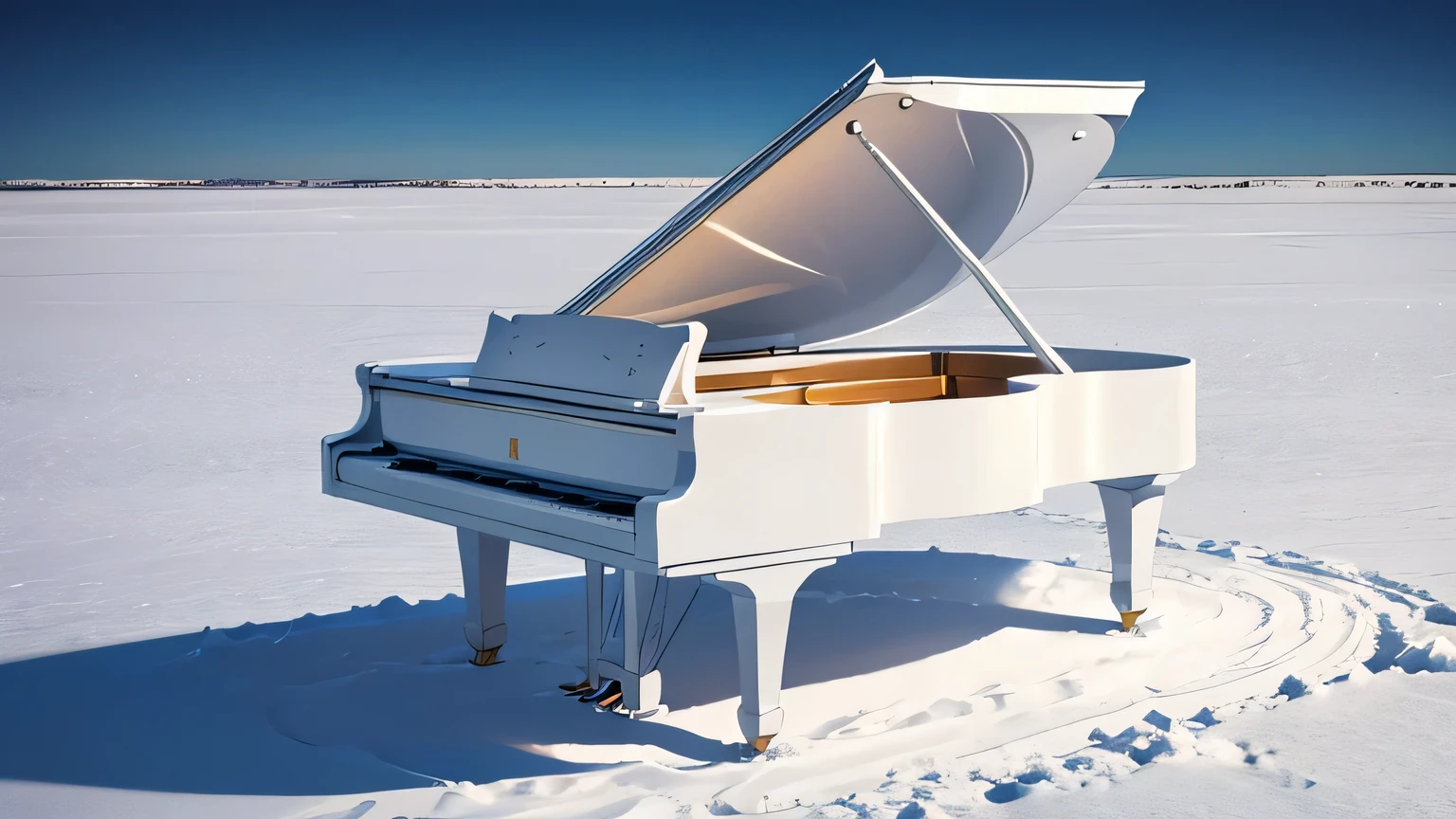 Snowy plain, white grand piano with open lid.