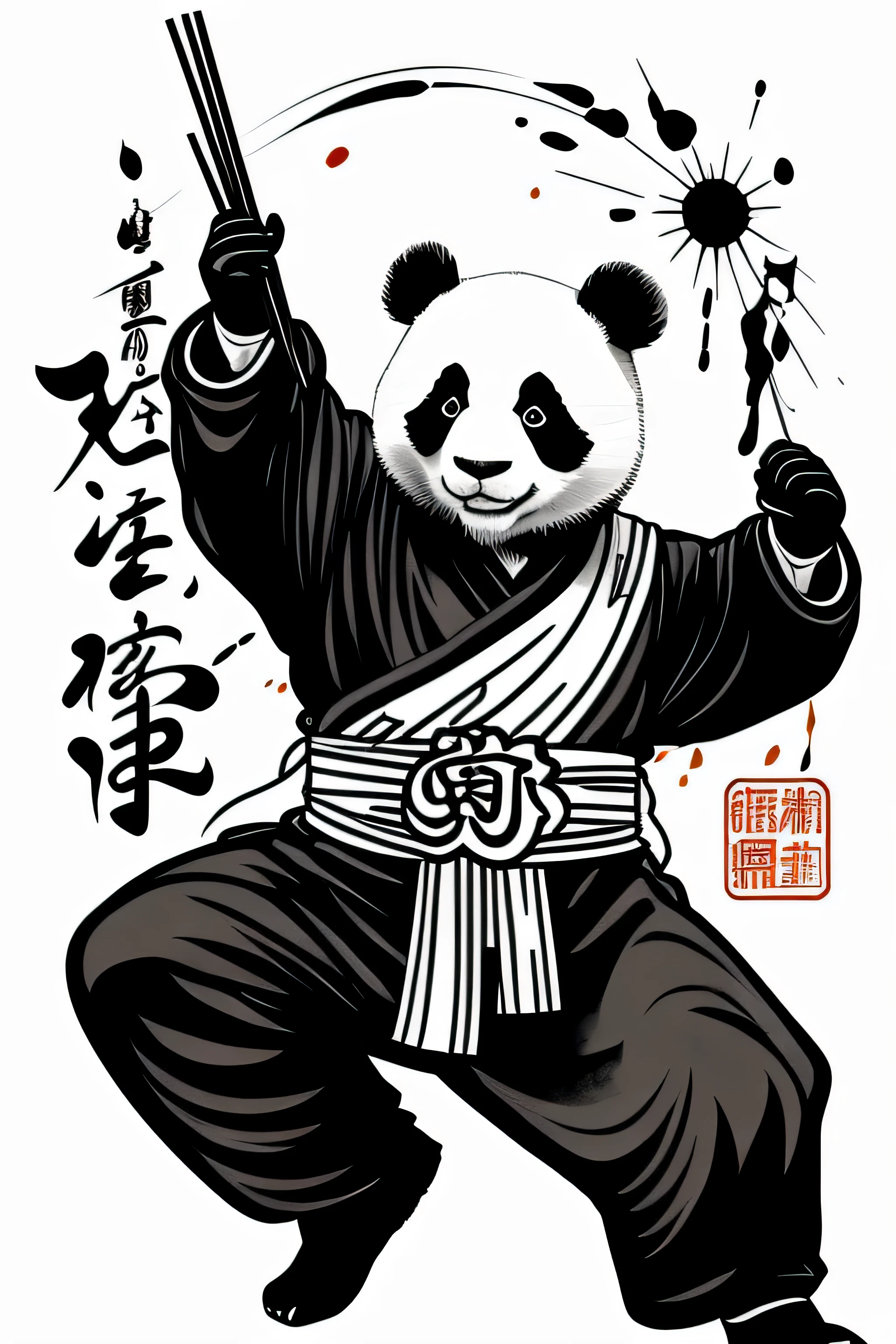zydink, monochrome, ink sketch, 1panda holding chopsticks eating Chinese food), around of chinese food, (Sprayed black ink as the background.), dancing stance, looking at viewer, , hanfu, chinese clothes, (abstract ink splash:1.2), white background