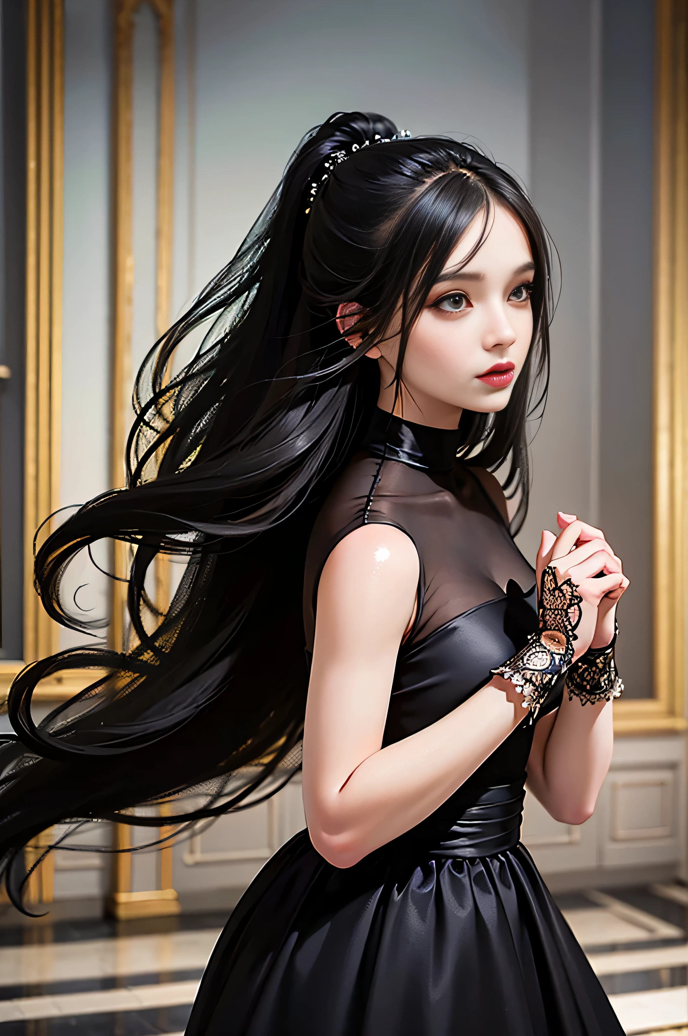 (skindentation:1.5), Realistic, Photorealistic, (masterpiece:1.5), concept art, intricate details, highly detailed, photorealistic, octane render, 8k, unreal engine, dynamic pose, best quality, highres, (realistic face:1.1), (hyperrealistic:1.1), (((full_body))), perfect eyes,(shiny skin:1.2), perfect hand, extremely detailed background, ((devilish eyes)), ((1girl)), ((wearing black long silky dress)), ((detailed eyes, high quality eyes, high quality face)), long black hair, messy ponytail, dramatic, depth of field, bokeh, 4k, beautiful bride, (((dancing))), (((black long chiffon wedding dress))), turtle neck, ((bride))