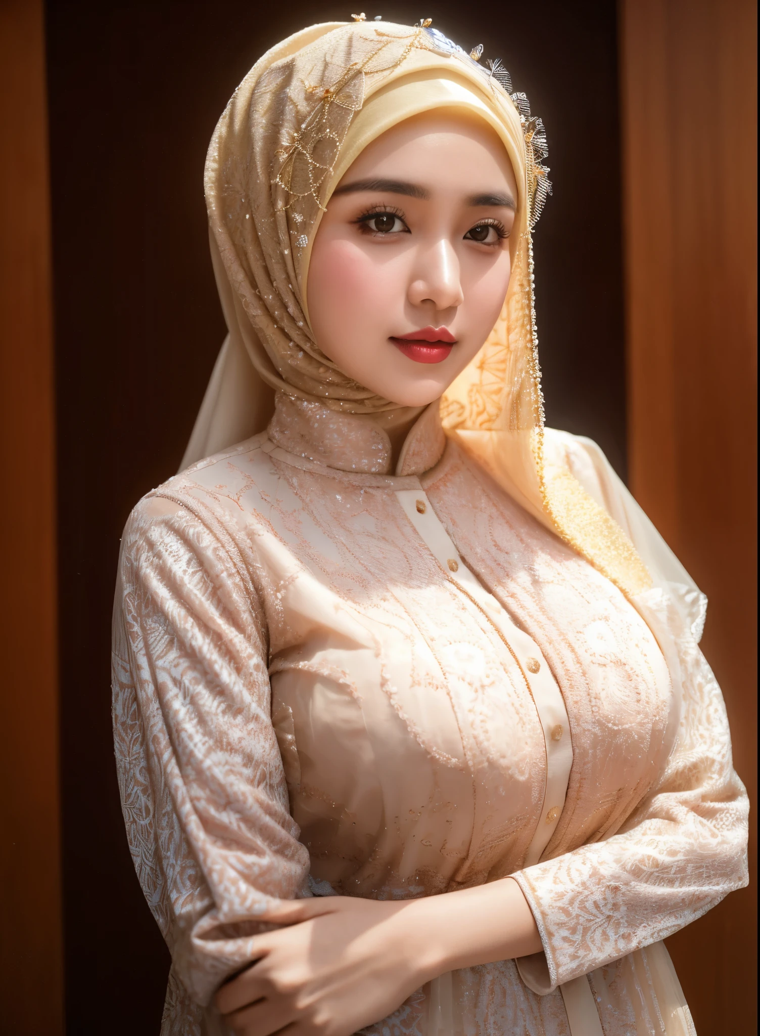 RAW photo of a 24 year old girl wearing hijab, kebaya bali  , hijab face portrait, neutral background, 8k uhd, dslr, soft lighting, high quality, film grain, Fujifilm XT3, covered dress, patterned dress, gigantic breasts:1.5