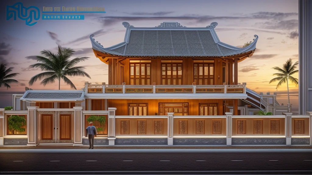 outdoor Vietnamese wooden house, carefully cut green trees, areca trees around the house, car road in front of the house, white walls, tiled roof, wooden doors and glass, (night: 1.2), (northern light) , beautiful landscape, front of house, back of house forest, RAW photo, 8k uhd, dslr, soft light, high quality, film grain, Fujifilm XT3, (indoor lighting),
