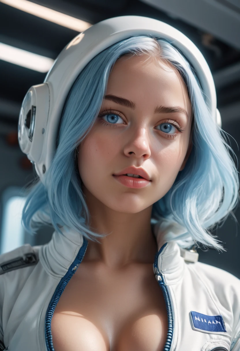 (masterpiece, best quality, photorealistic, Instagram photo,1 girl, Nia Johnson, sexy girl, beautiful girl, young lady, solo, Realism, natural light, ray tracing, Subsurface scattering, high-resolution, realistic style, 8k , official art, aesthetic, high contrast, extreme detailed background, soothing tones, realistic, beautiful light blue eyes, (mad face expression: 1.5), perfect face, detailed face, detailed hair, shiny skin, perfect skin, (24 years old:1.4), blush,(opening clothes:1.1), Thick long light blue hair, cute toque, (wide shot:1.5),(breast,cleavage:1.1), (Space theme:1.5),((floating in space)), ((trying to grab the camera: 1.5)), (wearing white_light_blue_spacesuit:1.3),1girl,Breasts