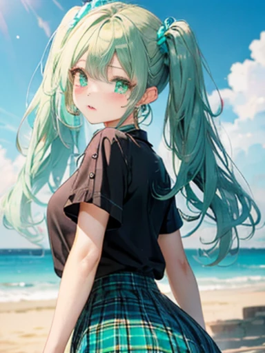 sandy beach、Asahi、big butt、 (alone:1.5,)Super detailed,bright colors, very beautiful detailed anime face and eyes, look straight, ;shiny_skin,girl, ((White long hair,Inner color is red 、forehead is exposed.、green eyes、、shiny hair, delicate beautiful face, blush、(turquoise eyes), White skin, Valletta, earrings,、、、checked skirt、twin tails