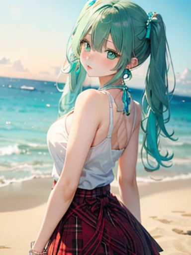 sandy beach、Asahi、big butt、 (alone:1.5,)Super detailed,bright colors, very beautiful detailed anime face and eyes, look straight, ;shiny_skin,girl, ((White long hair,Inner color is red 、forehead is exposed.、green eyes、、shiny hair, delicate beautiful face, blush、(turquoise eyes), White skin, Valletta, earrings,、、、checked skirt、twin tails