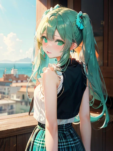 sandy beach、Asahi、big butt、 (alone:1.5,)Super detailed,bright colors, very beautiful detailed anime face and eyes, look straight, ;shiny_skin,girl, ((White long hair,Inner color is red 、forehead is exposed.、green eyes、、shiny hair, delicate beautiful face, blush、(turquoise eyes), White skin, Valletta, earrings,、、、checked skirt、twin tails