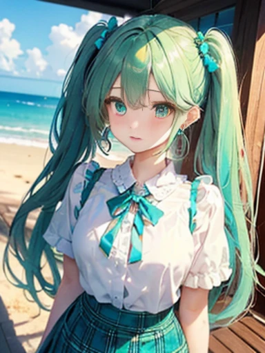 sandy beach、Asahi、big butt、 (alone:1.5,)Super detailed,bright colors, very beautiful detailed anime face and eyes, look straight, ;shiny_skin,girl, ((White long hair,Inner color is red 、forehead is exposed.、green eyes、、shiny hair, delicate beautiful face, blush、(turquoise eyes), White skin, Valletta, earrings,、、、checked skirt、twin tails