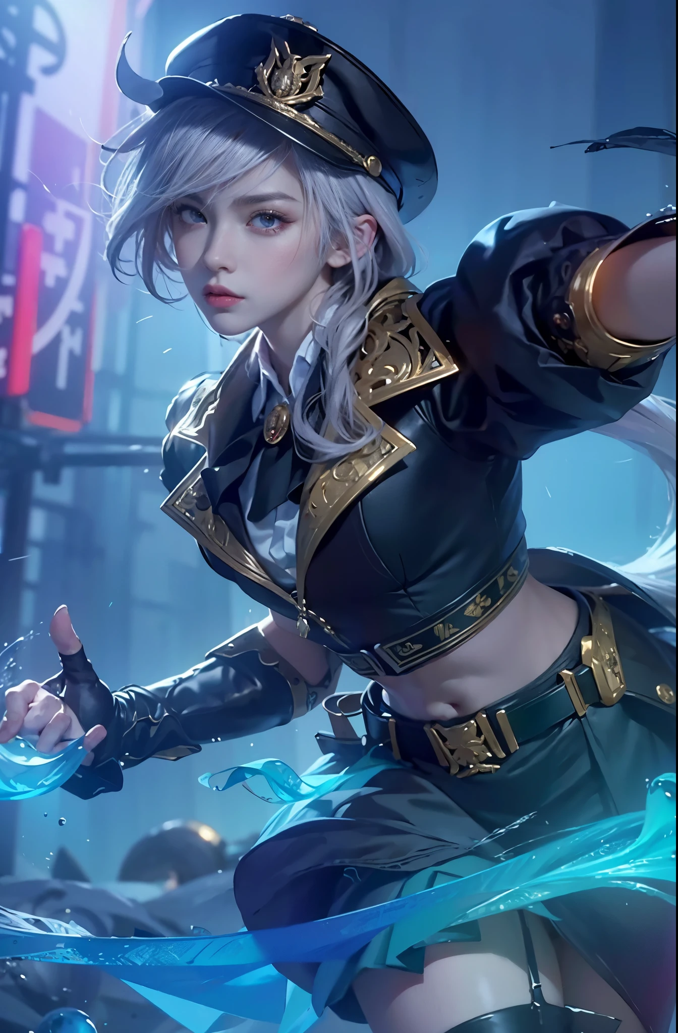 (best quality,4k,8k,highres,masterpiece:1.2),ultra-detailed,realistic,professional,portrait,close-up,captivating eyes,vibrant colors,artgerm style,uniformed woman,sharp focus,expressive face,perfect lighting,elaborate costume,iconic pose,dynamic composition,character design concept,astrological symbols,fiery hair,Athena's emblem,fierce determination,feminine strength, red-eyes, white-hair, mouth opened