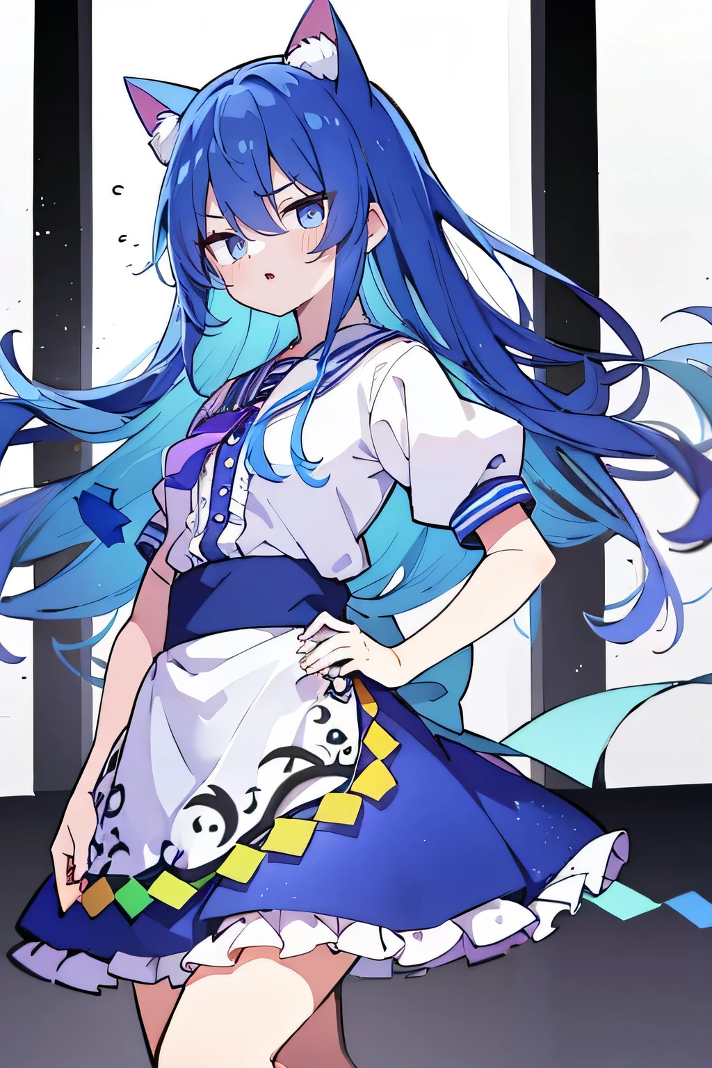 (masterpiece),best quality, expressive eyes, perfect face, 1girl,
Put your hands on your waist,fair, Gorgeous,Japanese cartoons,girl,lola,Hina Angel, blue hair, blue haired, floating clothes,Grab your waist, Grab your waist, hands on hips , hands on hips,sit, sit on ground, Legs on the ground, flat chest,cat ear,